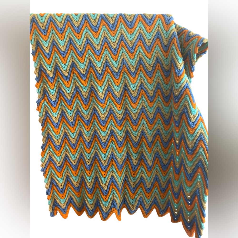 NEW Handmade Chevron Afghan Blanket Bright Colors Orange Light Blue Gold Yellow - Picture 3 of 4